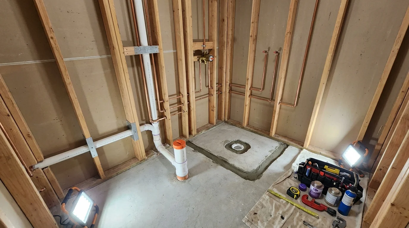 Bathroom rough-in plumbing during remodel by Johns Plumbing LLC in Hyde Park