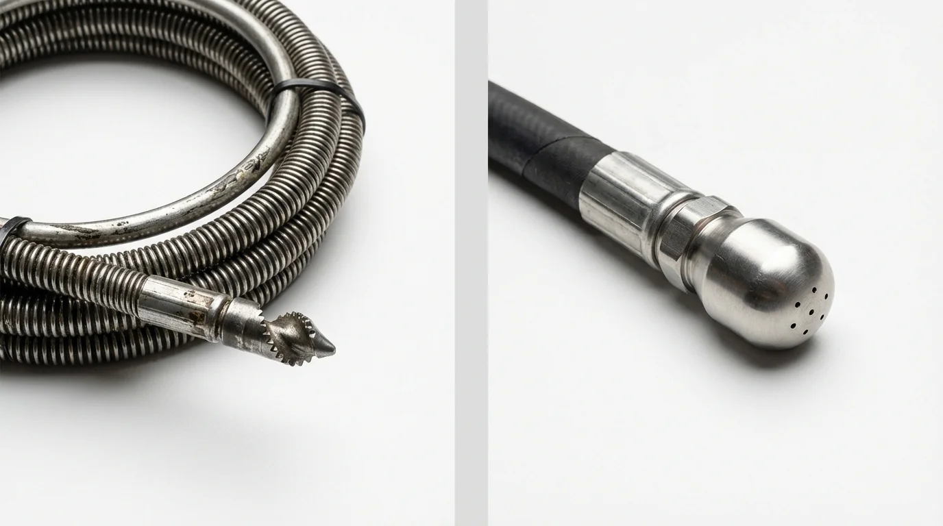 Drain snake cable and hydro jetting nozzle used for drain cleaning in Hyde Park, NY