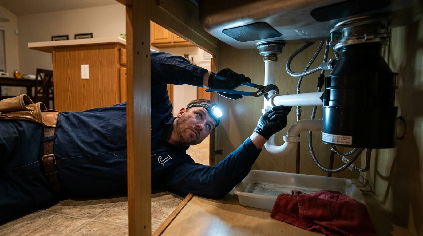 P-trap and supply line connections under a kitchen sink showing a common leak point in Hyde Park, NY
